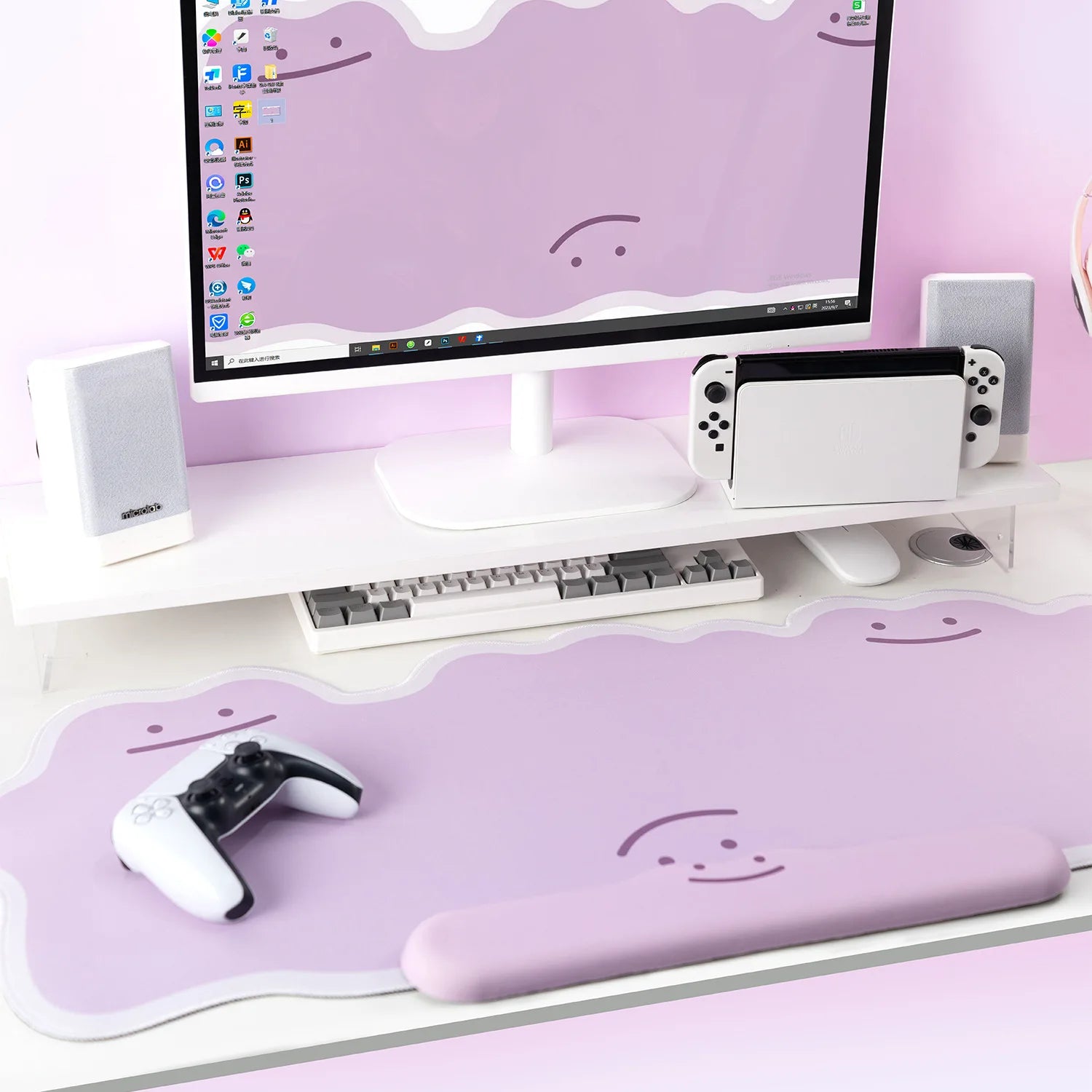 Oversized pink gaming mouse pad thick stitched edge desk mat